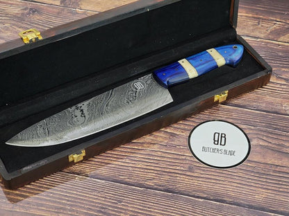 This limited edition handmade 8" Damascus Chef's Utility knife is part of the Butcher's Blade Summer 2021 Damascus series of knives. Each knife is handmade and no two handle are 100% identical, they are the same pattern and material but since they are made by hand there will be very slight variances if you compare 2 side by side.  This Knife is made of 420 layers of High Carbon Damascus steel with any 8" blade and 5" handle. Each knife come in a wooden storage box.