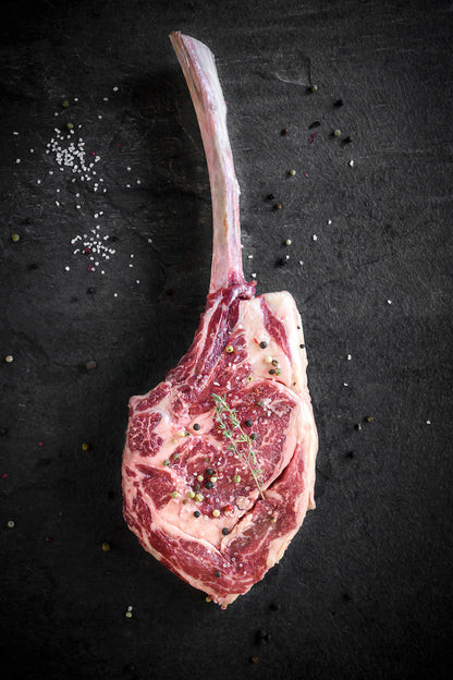 This 34oz Prime Tomahawk Ribeye can easily feed 2-4 people but CB has been known to take these things down alone.   Of all the beef produced in the U.S., only 2% is certified prime grade by the USDA.  Our USDA prime beef comes from the very finest corn-fed cattle the Midwest has to offer. The Crooked Butcher personally know each and every producer that we work with to ensure that you only get the highest of quality meat with the most mouth watering flavor.