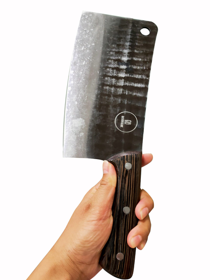 This classic High Carbon Butcher's style cleaver is big and solid knife that can chop or cut just about anything you can thow at it. It is heavy and makes cutting almost anything feel like slicing thru butter. Crooked Butcher