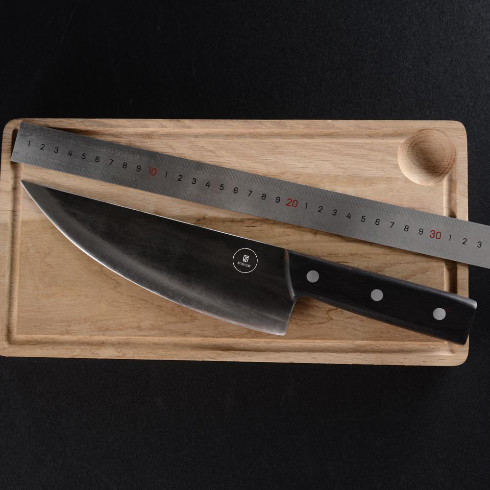 This is our 8" Chef Knife version of our Serbian Clever. When you need a Big Heavy knife that will cut thru Chicken bones no problem but slice a tomato paper thin, this beast is for you. It is heavy and makes cutting almost anything feel like slicing thru butter. 