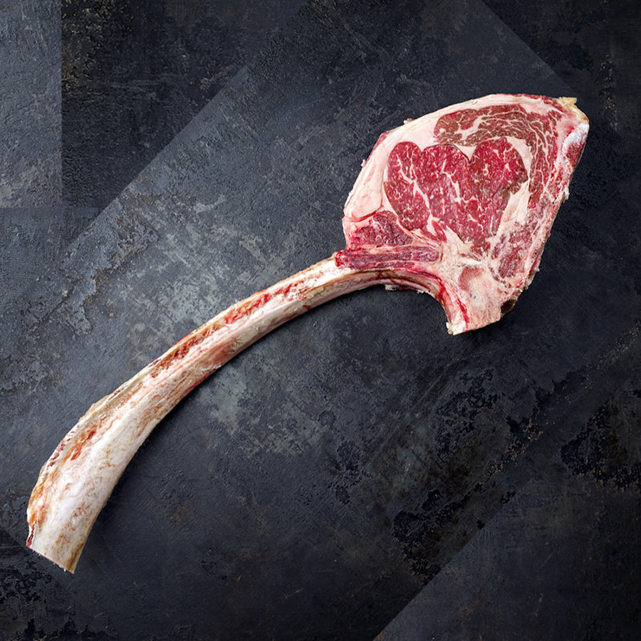 This 34oz Prime Tomahawk Ribeye can easily feed 2-4 people but CB has been known to take these things down alone.   Of all the beef produced in the U.S., only 2% is certified prime grade by the USDA.  Our USDA prime beef comes from the very finest corn-fed cattle the Midwest has to offer. The Crooked Butcher personally know each and every producer that we work with to ensure that you only get the highest of quality meat with the most mouth watering flavor.